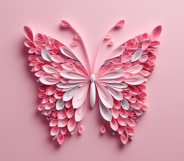 uma borboleta rosa e branca com flores rosa e brancas na parte inferior.