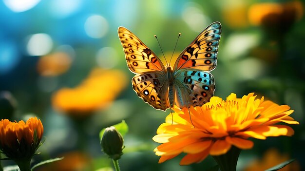 Uma borboleta senta-se em uma flor com o fundo do sol