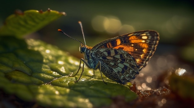 Uma borboleta senta-se em uma folha ao sol