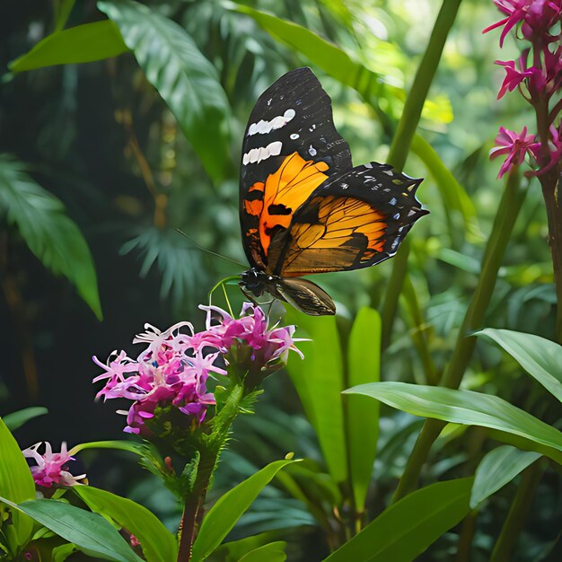 uma borboleta senta-se numa flor na floresta