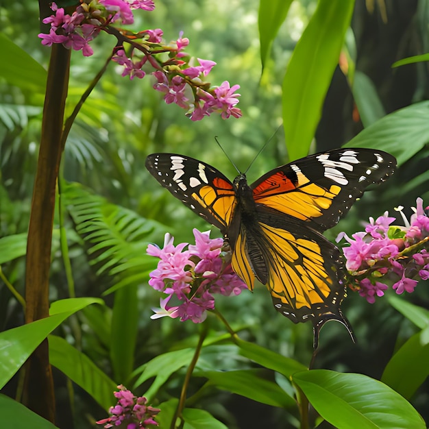 uma borboleta senta-se numa flor na selva