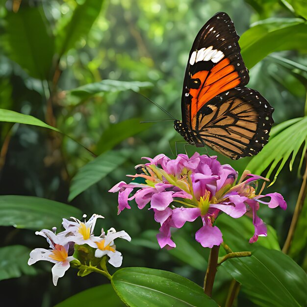 uma borboleta senta-se numa flor roxa na floresta