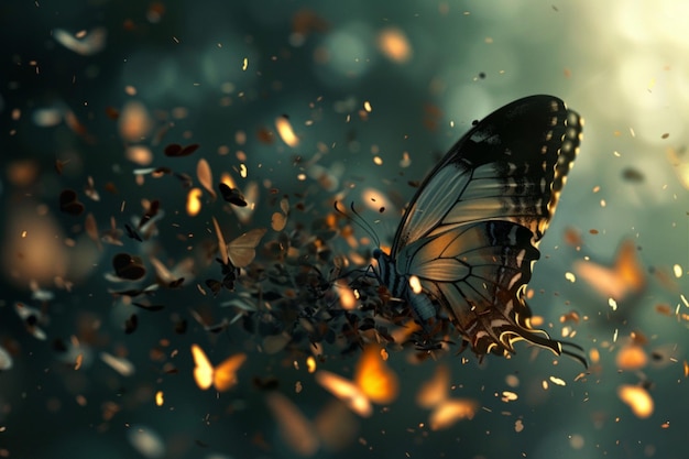 Uma borboleta voa entre minúsculas partículas criando uma bela ilusão de leveza e magia.