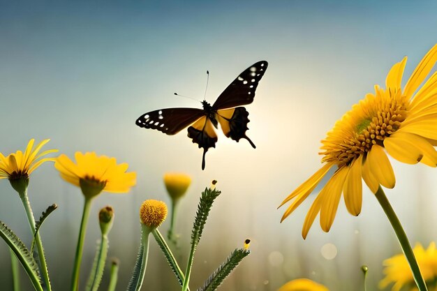 Uma borboleta voa sobre uma flor amarela com o sol atrás dela.