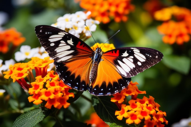 uma borboleta voando sobre um campo de flores