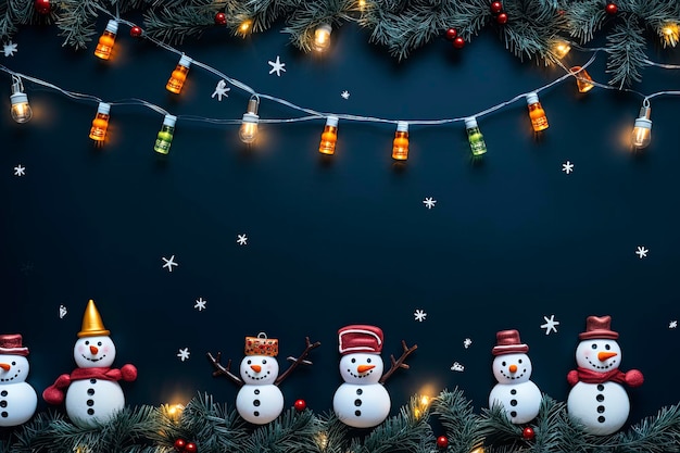 uma borda colorida de natal com boneco de neve de visco e pequenas lâmpadas fundo marinho do tumblr