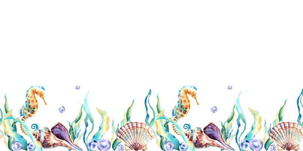 Uma borda de animais marinhos Conchas cavalo marinho algas pérolas Ilustração em aquarela Habitantes das profundezas Banner