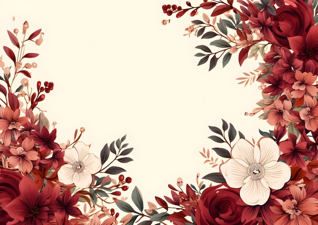 uma borda de flor vermelha e branca com um fundo branco Fundo abstrato de folhagem marrom com