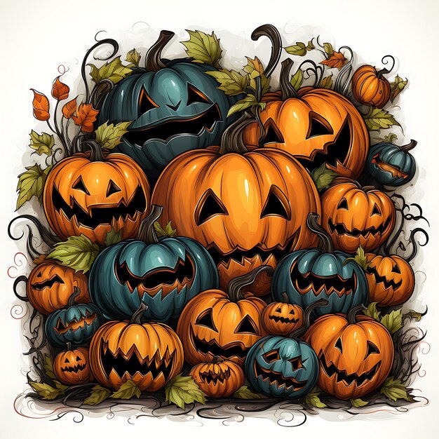 Uma borda de halloween com clipart colorido de abóbora assustadora de fundo branco