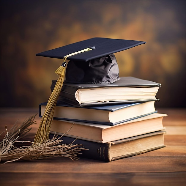 Uma borla de boné de formatura pendurada em uma pilha de livros