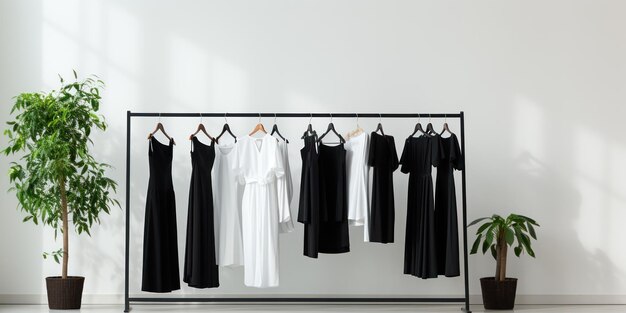 Uma boutique arejada exibe roupas contemporâneas em um cenário minimalista chique