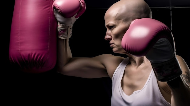 Uma boxeadora com luvas de boxe rosa e um par de luvas de boxe rosa.