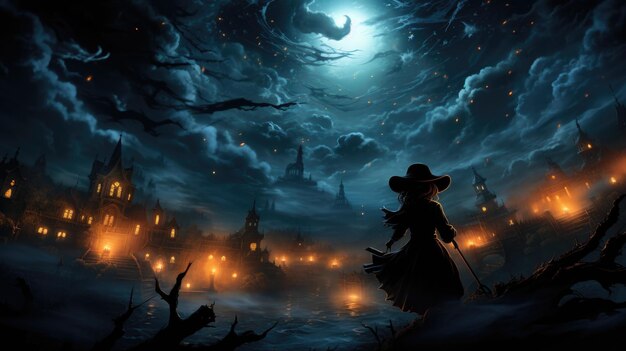 Uma bruxa a montar a vassoura a voar pelo céu noturno
