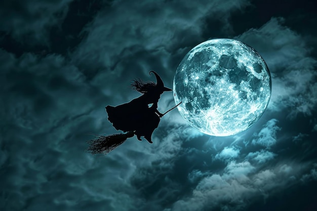 Uma bruxa a voar numa vassoura sobre uma grande lua azul.