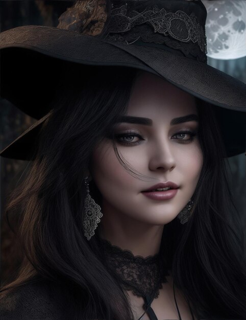 Uma bruxa de Halloween em um fundo de lua gigante brilhante retrato de bruxa atraente de Halloween generativo ai