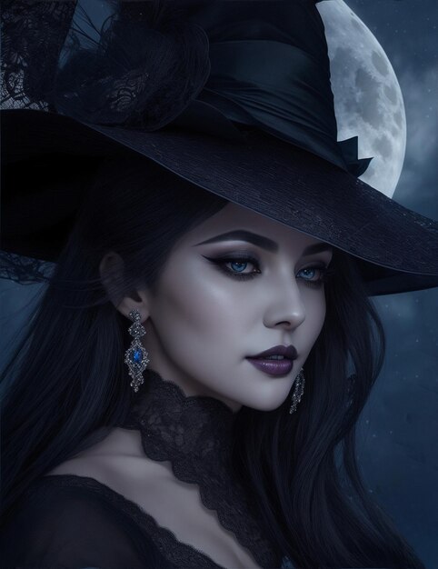 Uma bruxa de Halloween em um fundo de lua gigante brilhante retrato de bruxa atraente de Halloween generativo ai