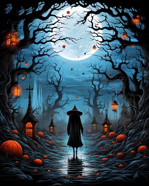 uma bruxa está de pé no escuro com um chapéu de bruxa