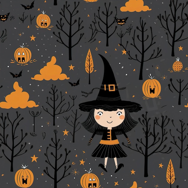 uma bruxa está na floresta com abóboras e morcegos.