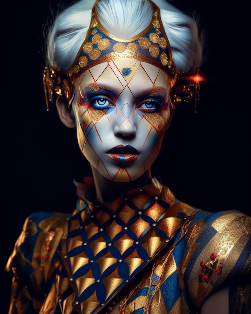 uma bruxa Royal Classic Fantasy Cards Queen com maquiagem azul e um padrão vermelho e dourado no rosto