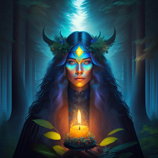 Uma bruxa xamã evocando espíritos numa misteriosa floresta noturna.