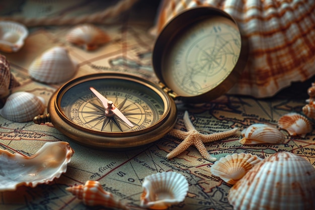 Uma bússola antiga com uma agulha de cobre repousa sobre um antigo mapa marítimo cercado por delicadas conchas. A cena evoca um senso de aventura e descoberta.