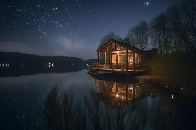 Uma cabana à beira do lago à noite com as estrelas acima dela