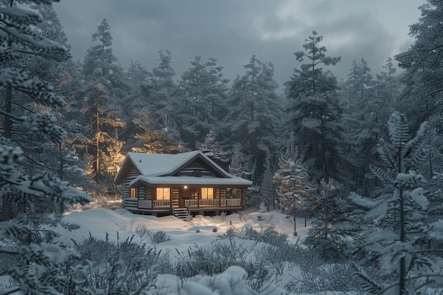Uma cabana aconchegante aninhada em meio a árvores cobertas de neve em w