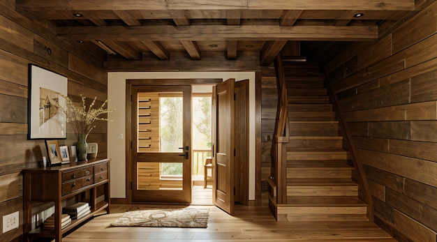 Foto uma cabana aconchegante aninhada na floresta com um design interior convidativo com uma escada de madeira dura