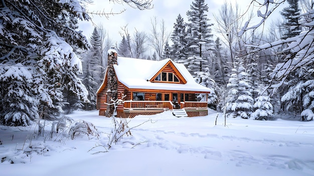 Foto uma cabana aconchegante aninhada numa floresta coberta de neve o lugar perfeito para relaxar e desfrutar da paz e tranquilidade da natureza