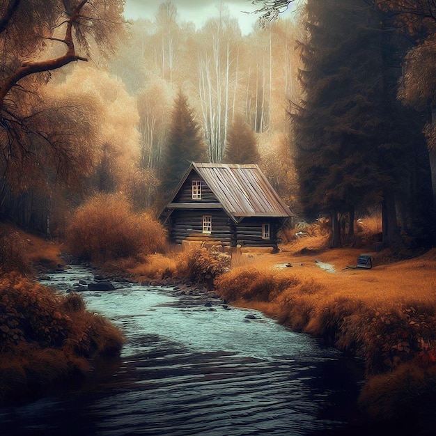 Uma cabana aconchegante em um país das maravilhas de outono paisagem cinematográfica estilo pintura a óleo