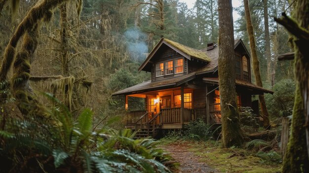 Foto uma cabana aconchegante na floresta com uma lareira e arredores tranquilos ai gerado ilustração