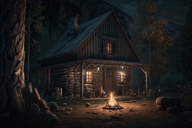 uma cabana aconchegante na floresta com uma lareira quente representando o conforto de um estilo de vida rural