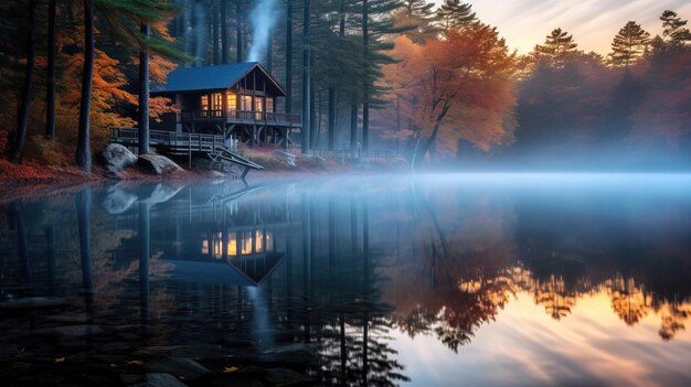 uma cabana ao lado do lago com uma cabana no fundo