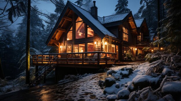 Uma cabana coberta de neve na floresta com as luzes acesas à noite