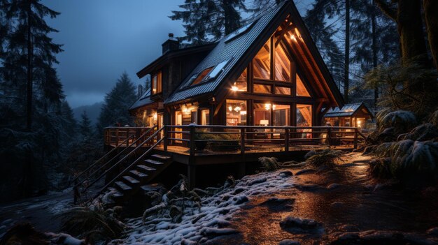 Uma cabana coberta de neve na floresta com as luzes acesas à noite