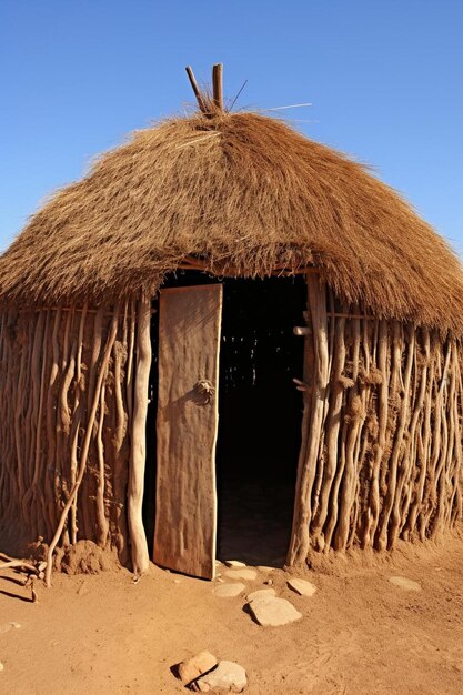 Uma cabana com um telhado de grama que tem um telhado de palha