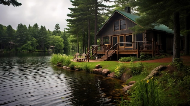 uma cabana com um telhado verde está na água e uma cabana de madeira à direita