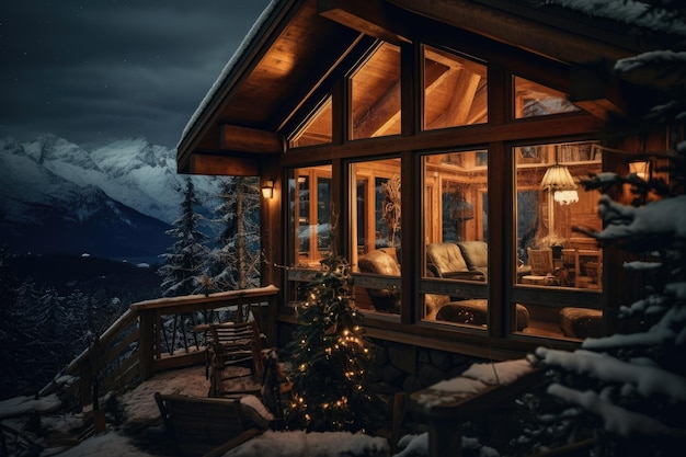 uma cabana com uma árvore de Natal na neve