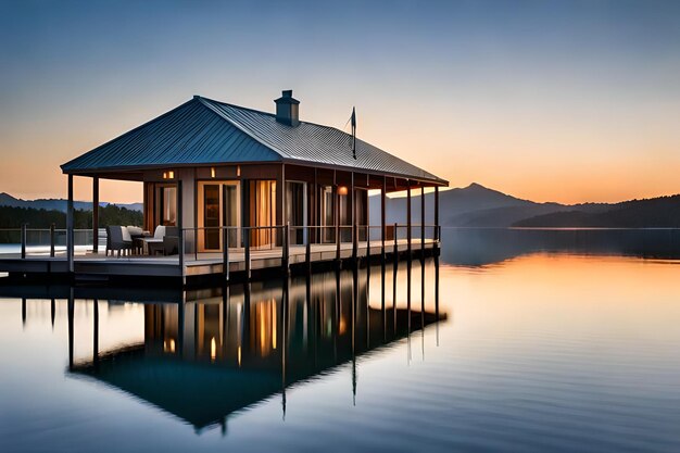 Uma cabana com uma cadeira na doca e um lago ao fundo.