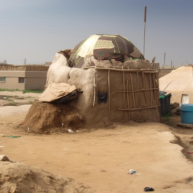 Foto uma cabana de barro com telhado de palha está em um terreno baldio.