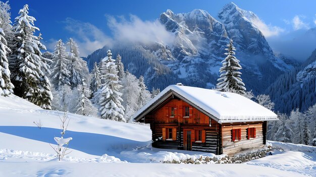 Foto uma cabana de madeira aninhada em uma paisagem montanhosa coberta de neve a cabana é cercada por árvores cobertas de neve e montanhas à distância