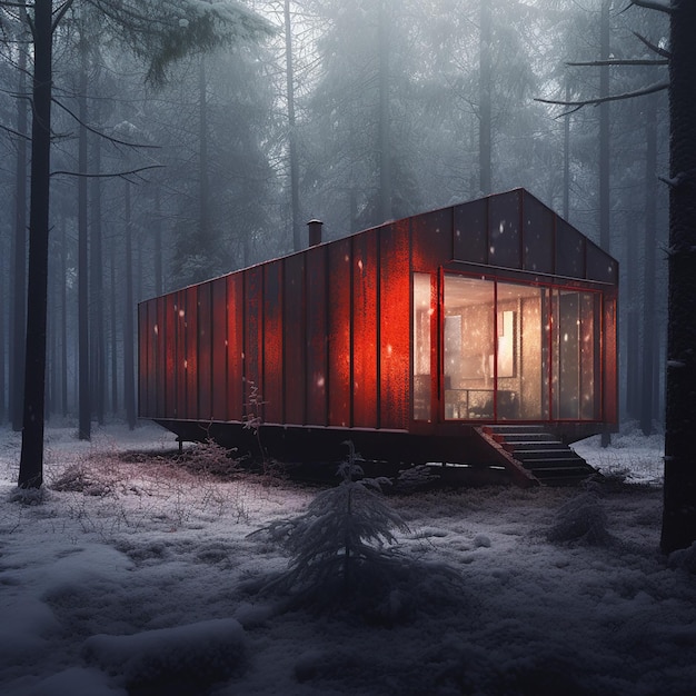 Uma cabana de metal vermelho ou abrigo em uma floresta congelada com um clima dramático