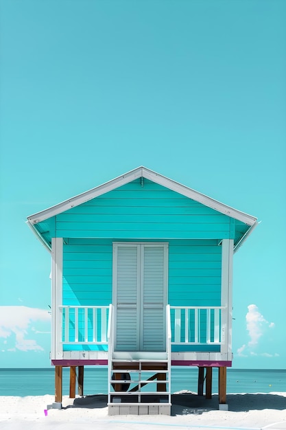 uma cabana de praia azul com uma porta branca e uma varanda