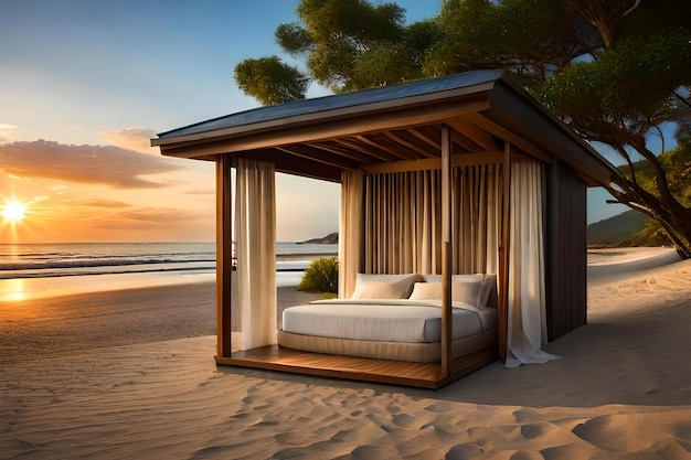 Foto uma cabana de praia com cama e vista para o mar
