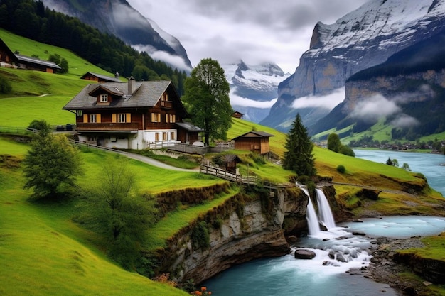 Uma cabana em uma montanha com uma cachoeira ao fundo