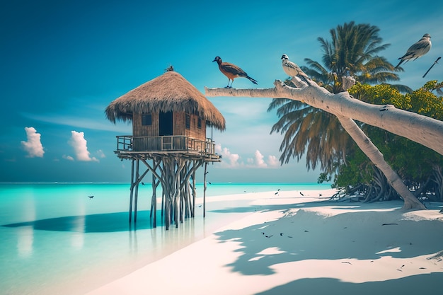 Uma cabana em uma praia com um pássaro nela