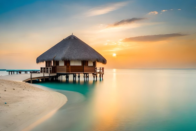 Uma cabana em uma praia tropical ao pôr do sol