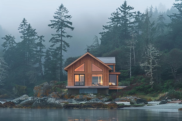 uma cabana na água com uma casa na costa
