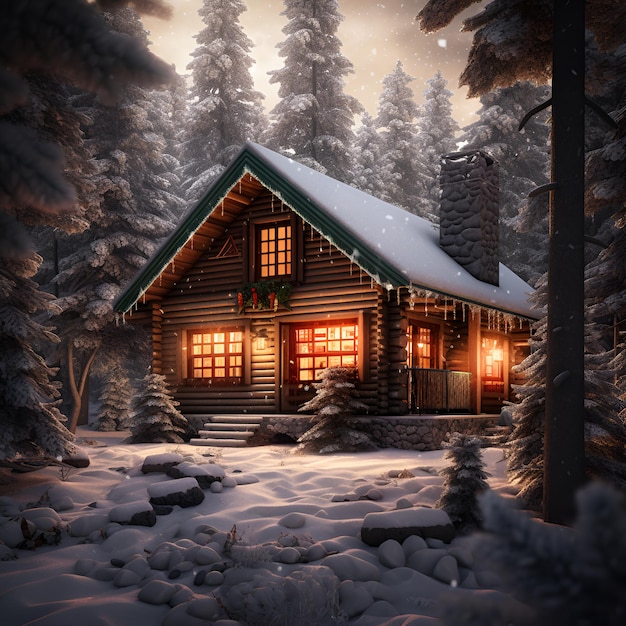 Uma cabana na floresta com luzes de natal