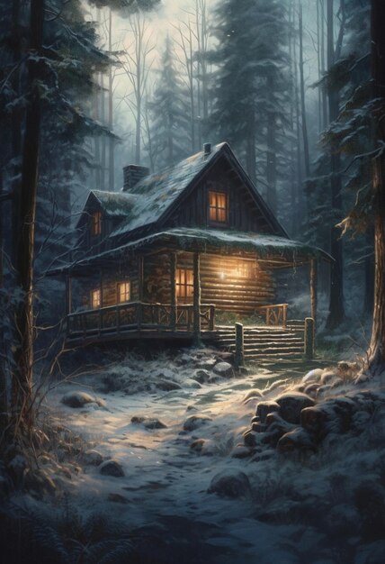 Uma cabana na floresta com neve no chão.